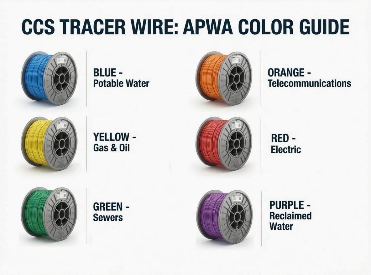 APWA Uniform Color Code for Tracer Wire - Red Yellow Orange Blue Purple Green White Pink