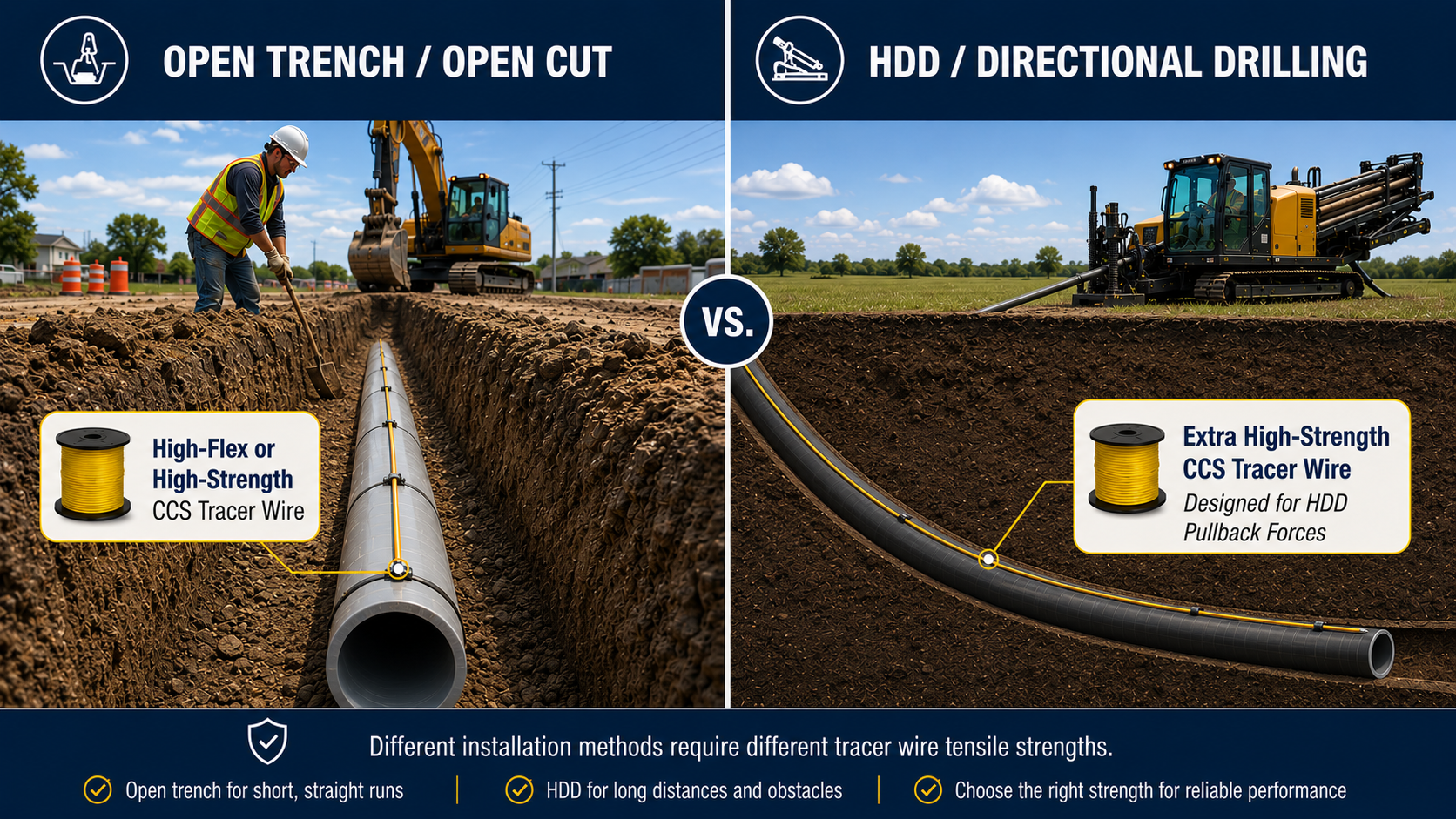 open trench and HDD CCS tracer wire selection