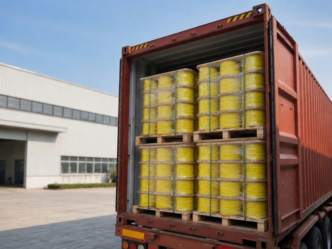 Palletized AITE tracer wire reels prepared for export container loading